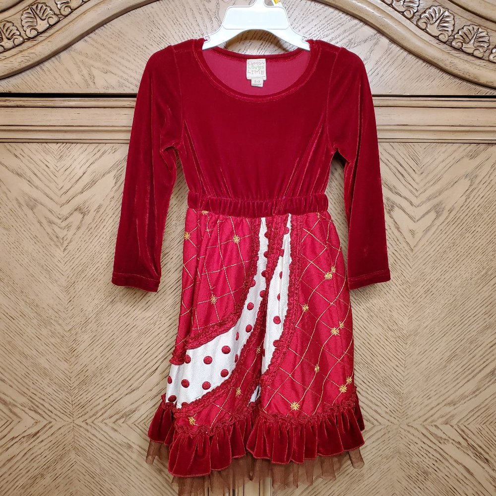 30) LEMON LOVES LIME SILK blend Long Sleeve Quilted Velvet Dress Sz 2-3 years